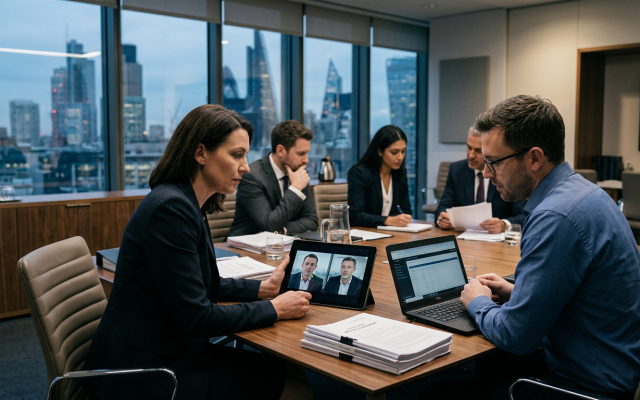 Corporate merger team reviewing deepfake and impersonation risks during due diligence
