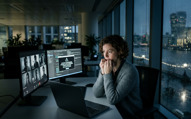 Professional alone in dark office facing multiple screens with threatening messages visible